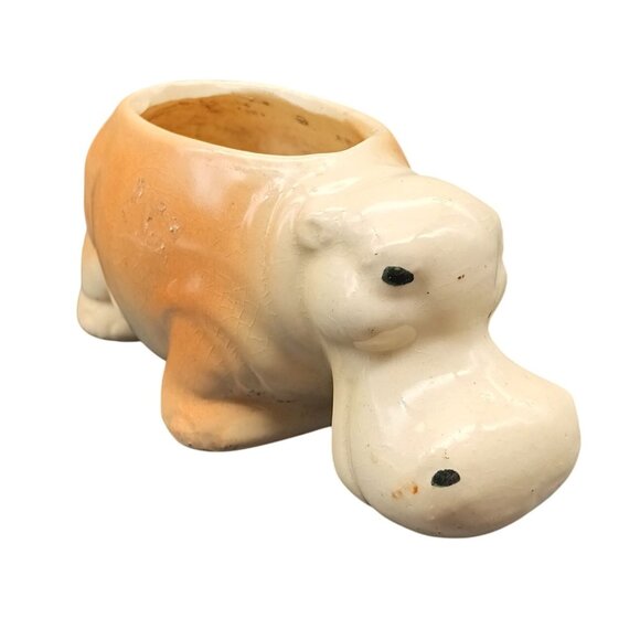 Vintage Ceramic Hippo Planter Figurine Tan & Cream Glaze - Picture 1 of 5